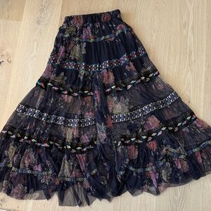 Johnny Was Black Floral Mesh Maxi Skirt
